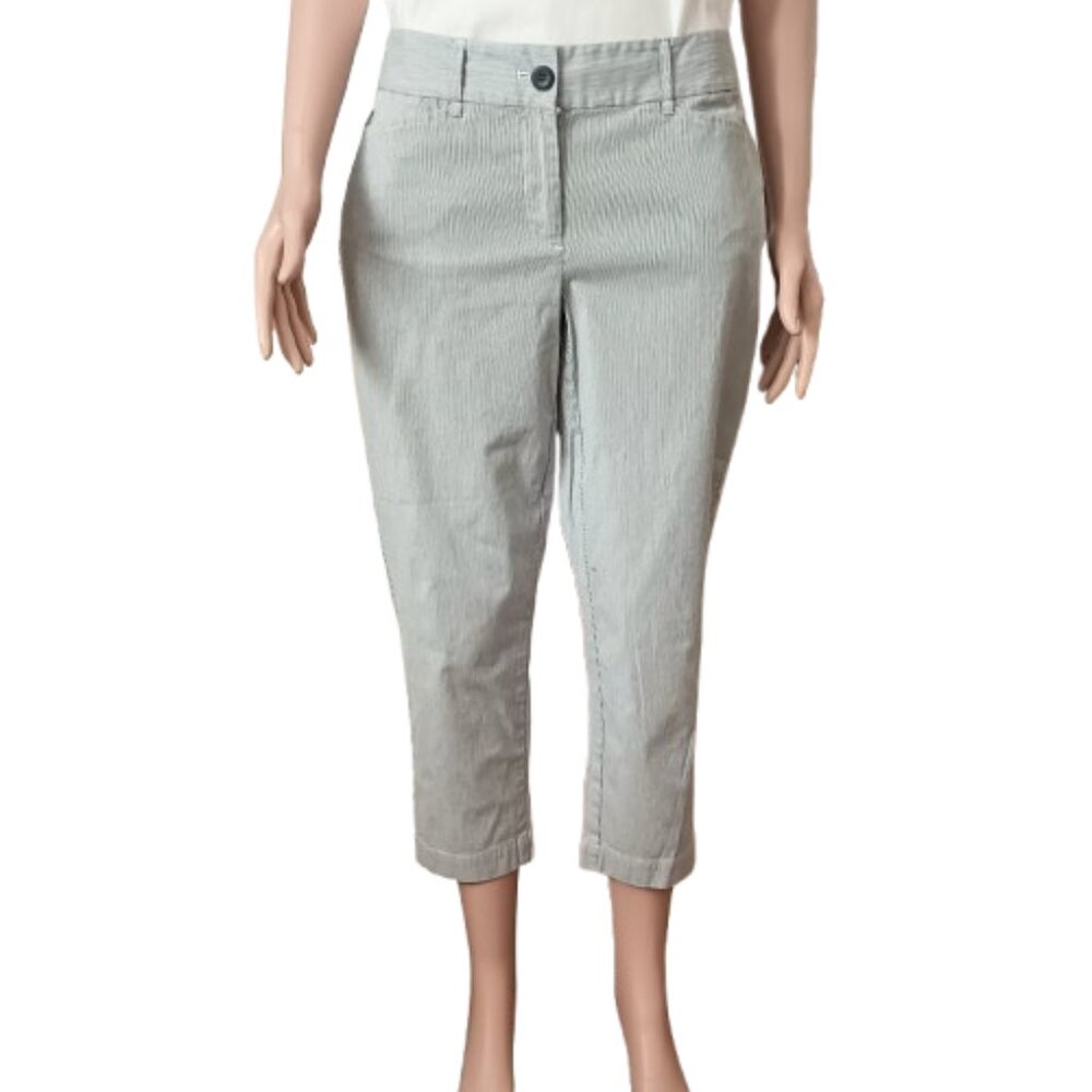 Woman's Seersucker Crop Pants 6 Blue White Stripe Pockets Side Slit Capris